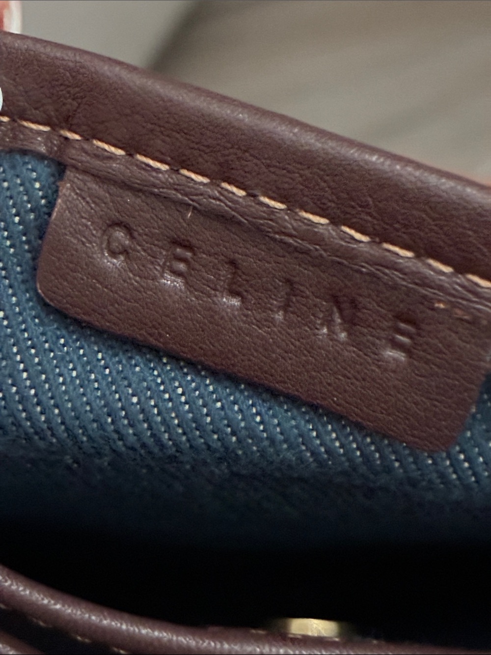 Celine Blue and Cream Monogram Shoulder Bag with Brown Leather Trim and Studs - Picture 7 of 10